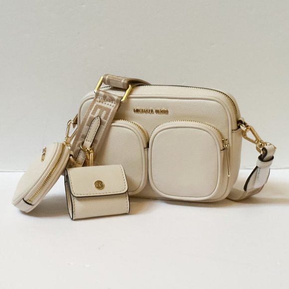Michael Kors Jet Set Item Medium Crossbody Leather Bag Tech Attached Light Cream - Picture 7 of 14